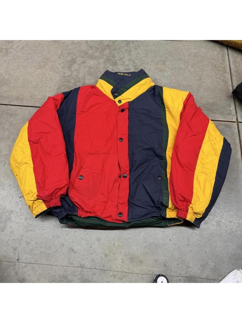 vintage nautica red navy and yellow full zip puffer bomber jacket size large